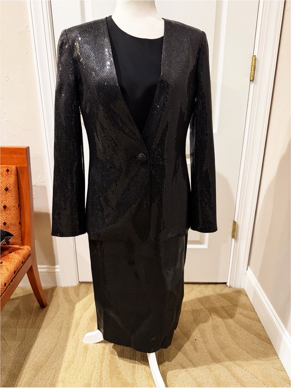 NWT St John Couture Black Sequin Dress and Matching Jacket Covered in Paillettes